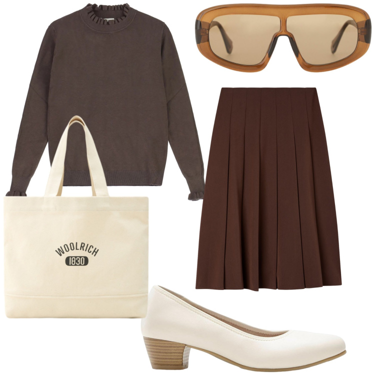 Outfit donna - Cioccolata con panna. Stile Urban per Ufficio. Abbinamento con décolleté, gonne lunghe, occhiali da sole, maglieria, borse tote.