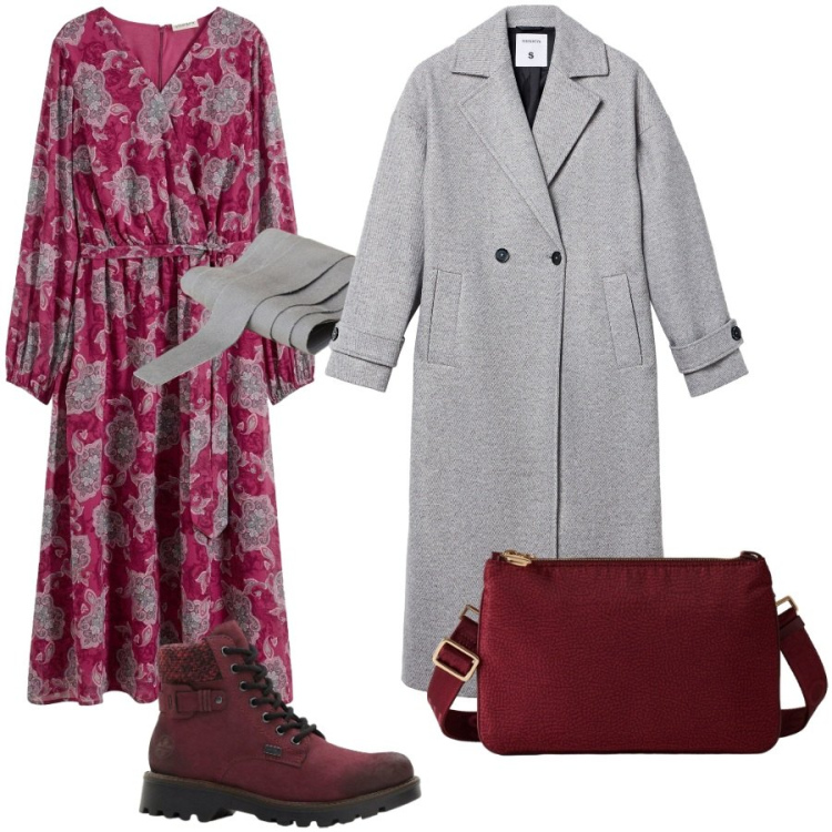 Outfit donna - Color fragola in inverno. Stile Casual chic per Ufficio. Abbinamento con stivaletti, vestiti, cappotti, cinture, borse a tracolla.
