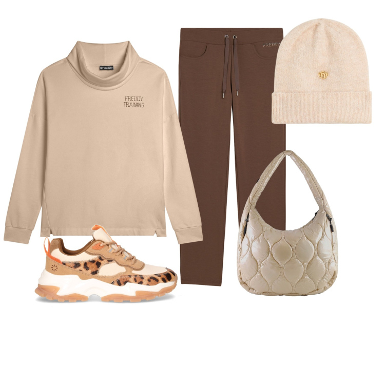 Outfit donna - Comoda e chic. Stile Sporty chic per Tutti i giorni. Abbinamento con pantaloni, berretti, felpe, borse tote, sneakers alte.