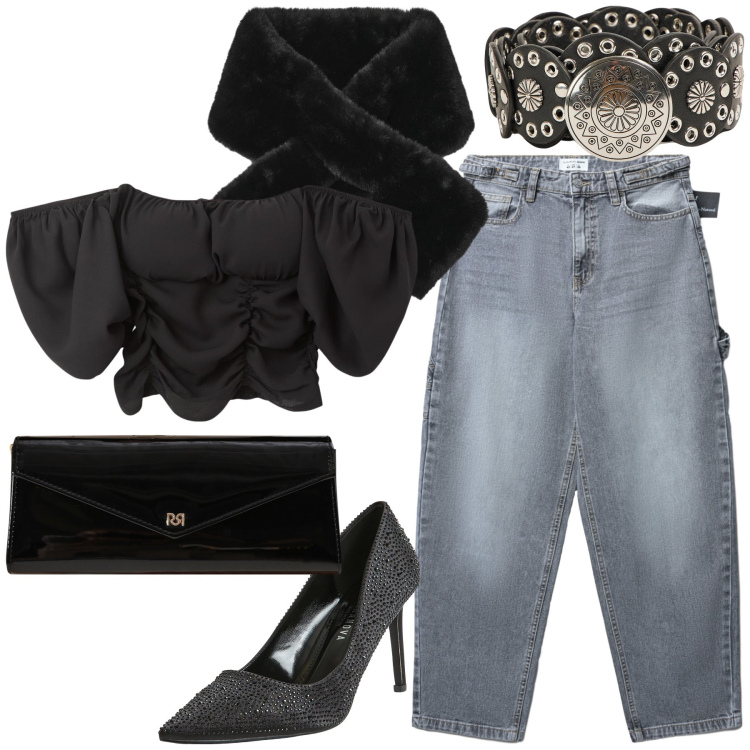 Outfit donna - Aperitivo con lui. Stile Glamour per Serata fuori. Abbinamento con décolleté, bluse, jeans, sciarpe, cinture, pochette.