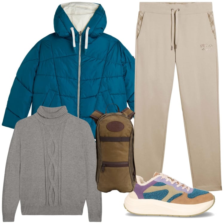 Outfit donna - Attivita all\' aperto. Stile Casual chic per Sport. Abbinamento con piumini, pantaloni, maglieria, zaini, sneakers.