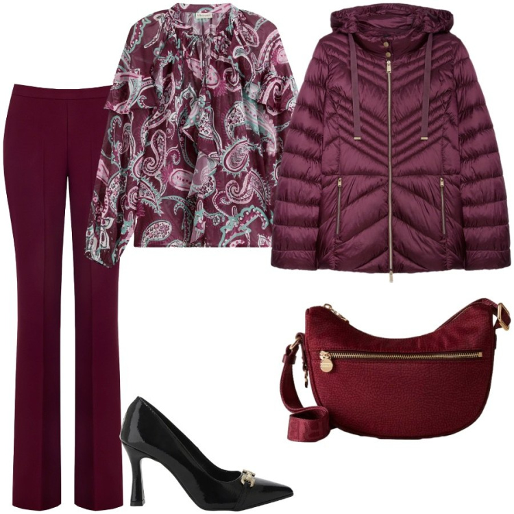 Outfit donna - Total look #2291673. Stile Chic per Serata fuori. Abbinamento con bluse, pantaloni, décolleté, borse a tracolla, piumini.