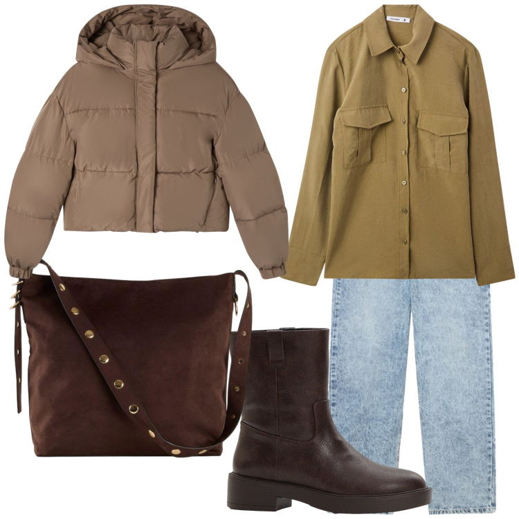 Outfit donna - Fa freddo. Stile Basic per Tutti i giorni. Abbinamento con stivaletti, shopping bag, camicie, bomber, jeans dritti.