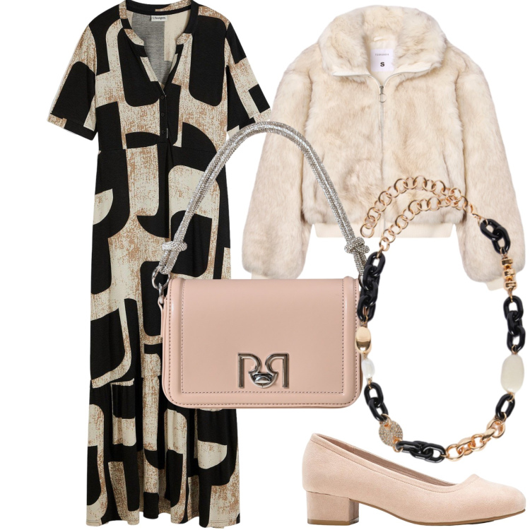 Outfit donna - Madrina invernale. Stile Bon Ton per Cerimonia. Abbinamento con vestiti lunghi, décolleté, borse a mano, ecopellicce, collane.