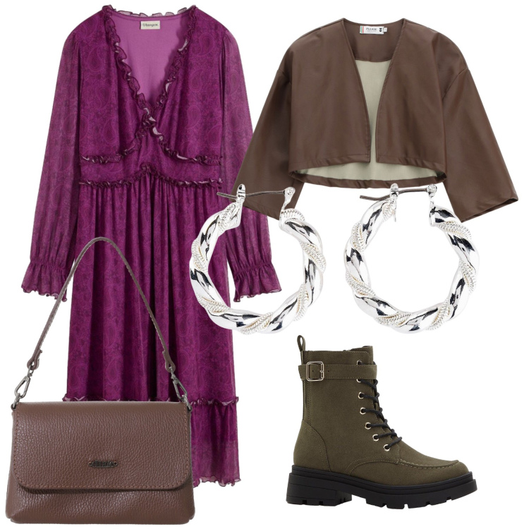 Outfit donna - Serata boho. Stile Boho per Serata fuori. Abbinamento con vestiti midi/longuette, orecchini, stivaletti, giacche, borse a tracolla.