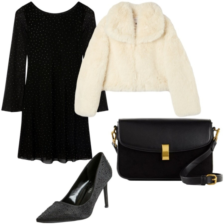 Outfit donna - Brillantini. Stile Glamour per Serata fuori. Abbinamento con borse a mano, vestiti corti, ecopellicce, décolleté.