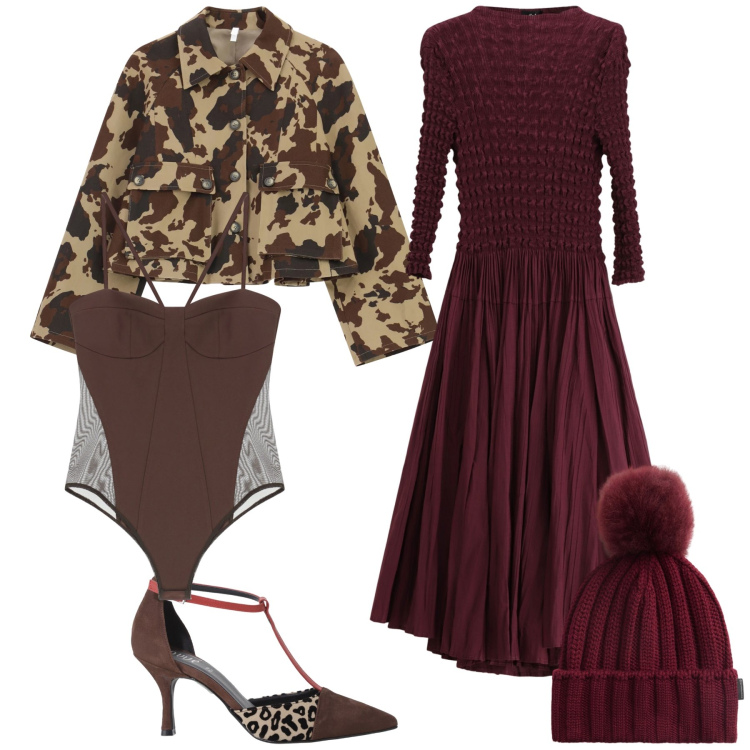 Outfit donna - Coperta eppure chic. Stile Glamour per Serata fuori. Abbinamento con cappotti, body, décolleté, vestiti midi/longuette, berretti.