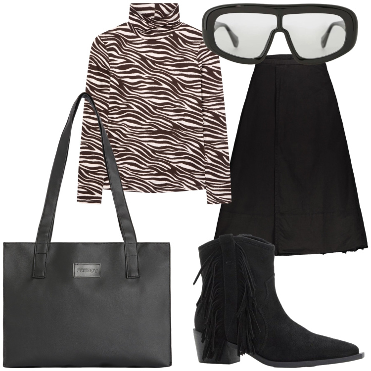 Outfit donna - Caffè del pomeriggio. Stile Urban per Tutti i giorni. Abbinamento con stivaletti texani, t-shirt, occhiali da sole, shopping bag, gonne lunghe.