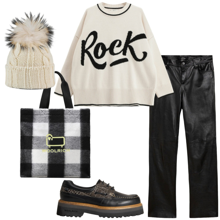 Outfit donna - Total look #2291682. Stile Urban per Tutti i giorni. Abbinamento con pantaloni, maglieria, berretti, mocassini, borse tote.