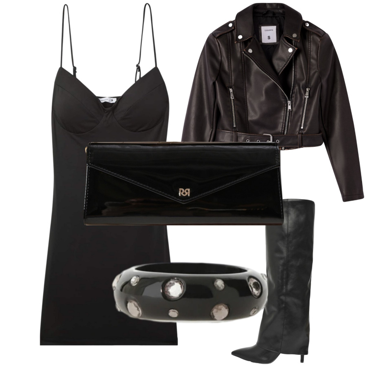 Outfit donna - Black is back in the night. Stile Sexy per Serata fuori. Abbinamento con pochette, vestiti corti, giacche, stivali, anelli.