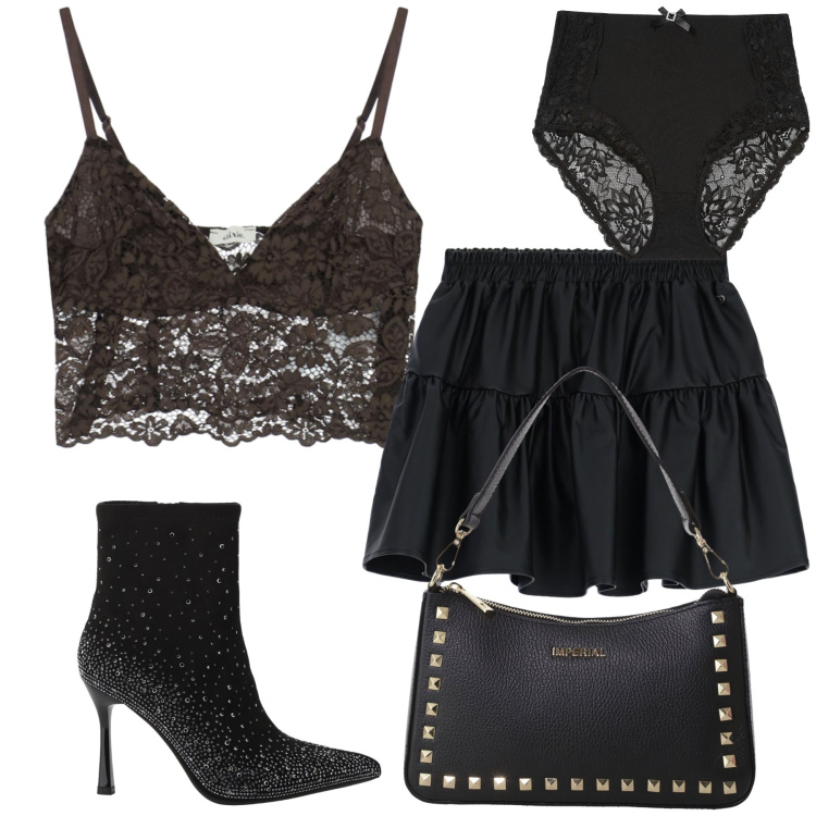 Outfit donna - Lace and light. Stile Sexy per Serata fuori. Abbinamento con culotte, minigonne, pochette, stivaletti, top.