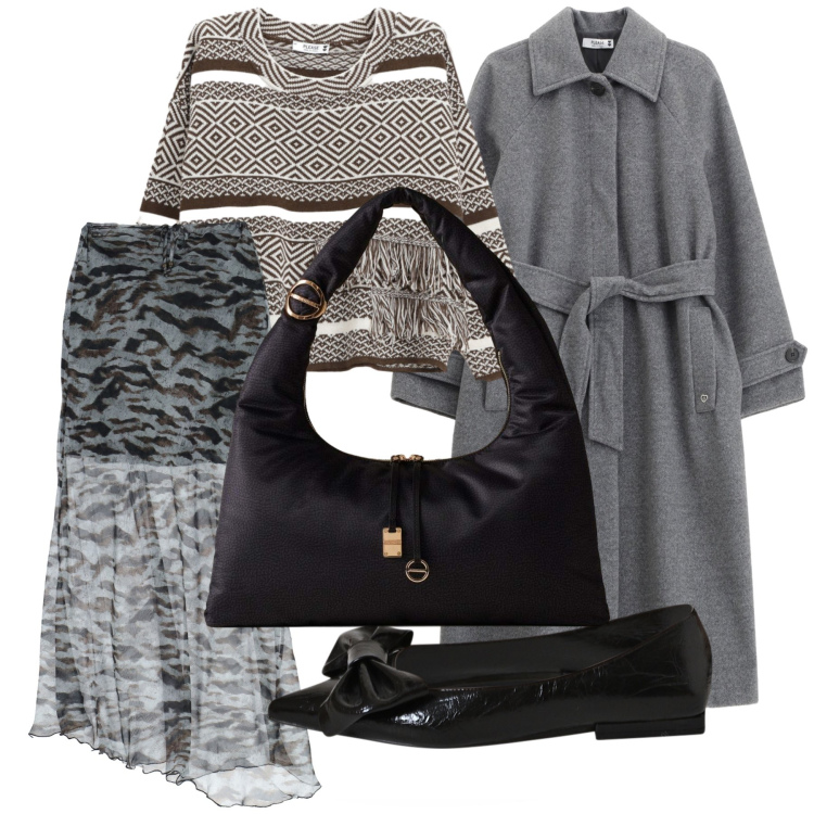 Outfit donna - Mix look in centro al sabato. Stile Urban per Tutti i giorni. Abbinamento con cappotti, maglieria, ballerine, borse a mano, gonne lunghe.