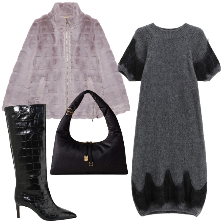 Outfit donna - Total look #2291687. Stile Glamour per Serata fuori. Abbinamento con borse a mano, vestiti corti, stivali, ecopellicce.