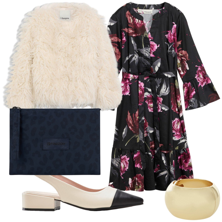 Outfit donna - Cerimonia non impegnativa. Stile Trendy per Cerimonia. Abbinamento con vestiti chemisier, ecopellicce, décolleté, braccialetti, clutch.