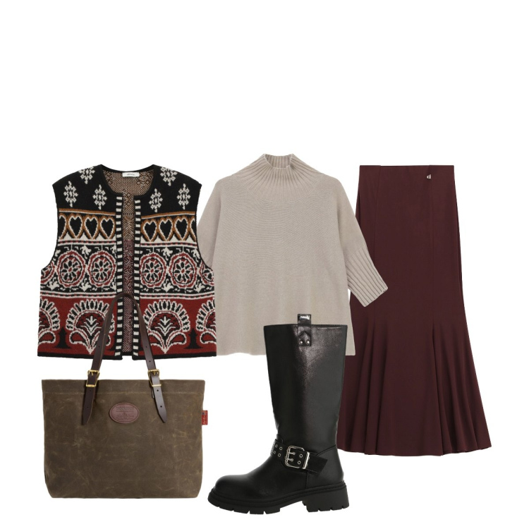 Outfit donna - All’università. Stile Casual chic per Scuola/Università. Abbinamento con maglieria, stivali, gonne lunghe, gilet, borse tote.