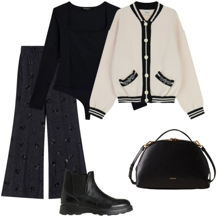 Outfit donna - Total look #2291691. Stile Chic per Ufficio. Abbinamento con borse a mano, body, cardigans, pantaloni, stivaletti.