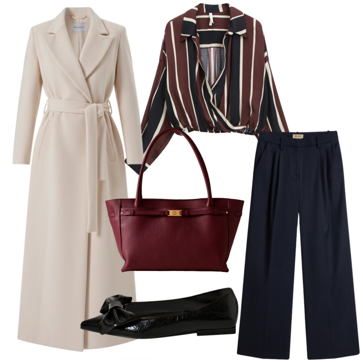 Outfit donna - Total look #2291692. Stile Romantica per Serata fuori. Abbinamento con ballerine, cappotti, camicie, shopping bag, pantaloni.