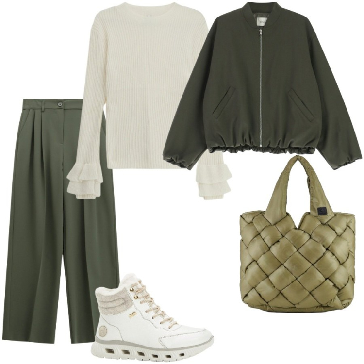 Outfit donna - Total look #2291695. Stile Casual chic per Ufficio. Abbinamento con stivaletti, maglieria, pantaloni a palazzo, bomber, borse tote.