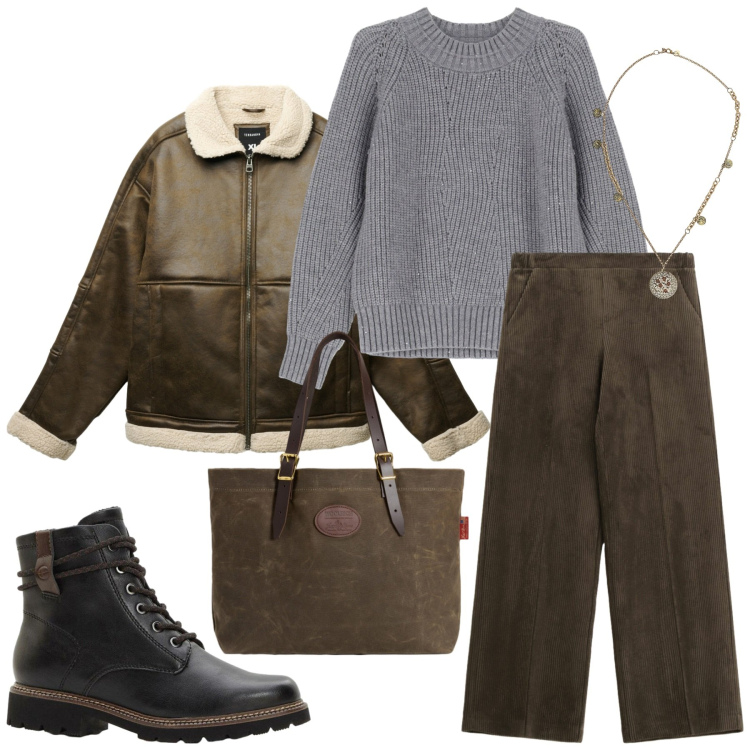 Outfit donna - Total look #2291696. Stile Urban per Tutti i giorni. Abbinamento con stivaletti, giacche, pantaloni a palazzo, maglieria, ciondoli, borse tote.