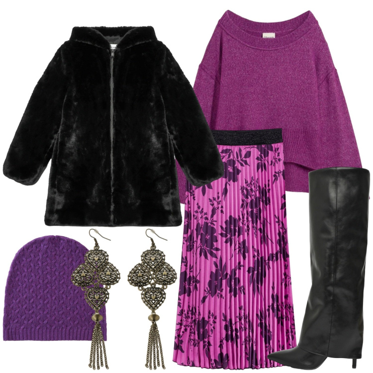 Outfit donna - Novembre purple. Stile Minimal per Tutti i giorni. Abbinamento con gonne, maglieria, berretti, stivali, cappotti, orecchini.