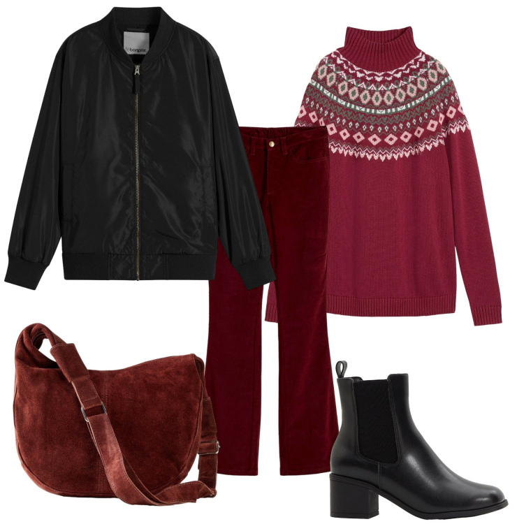 Outfit donna - Bonprix- a natale. Stile Casual per Tutti i giorni. Abbinamento con stivaletti, bomber, pantaloni, maglieria, borse a mano.