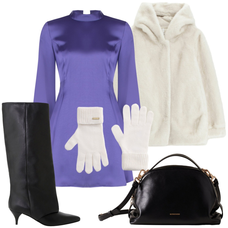 Outfit donna - Novembre purple. Stile Glamour per Serata fuori. Abbinamento con vestiti corti, ecopellicce, borse a mano, stivali, guanti.