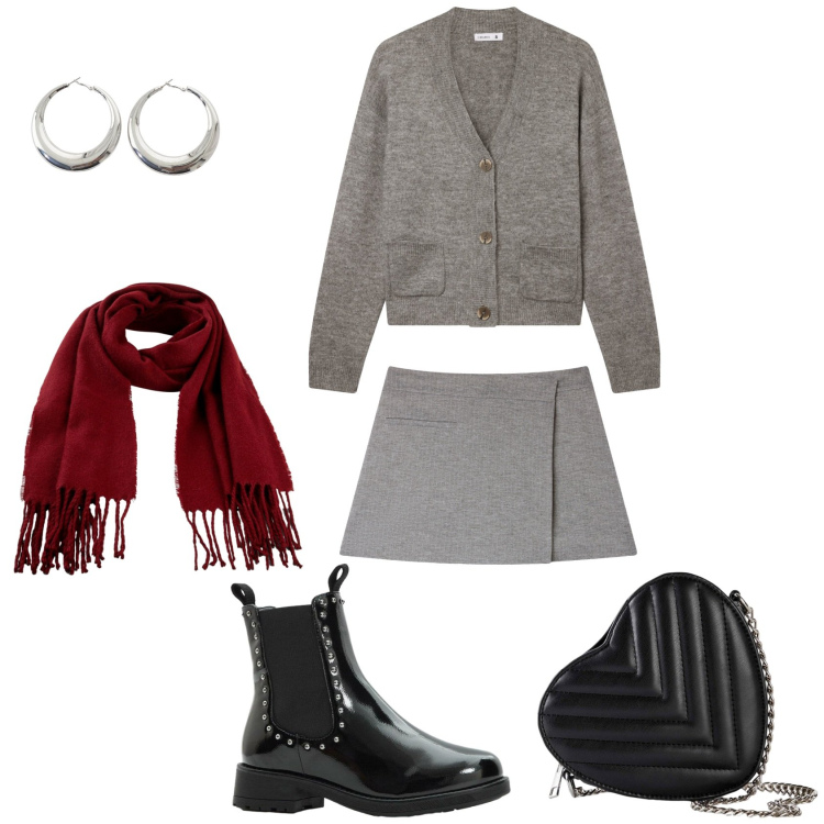 Outfit donna - Tempo libero casual. Stile Casual per Tutti i giorni. Abbinamento con borse a tracolla, sciarpe, stivaletti chelsea, cardigans, gonne, orecchini.