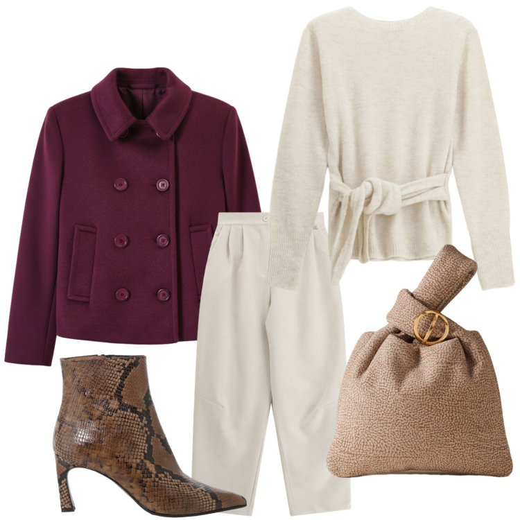 Outfit donna - Il cappotto da riscoprire. Stile Chic per Serata fuori. Abbinamento con caban, borse a mano, maglieria, pantaloni a palazzo, stivaletti.