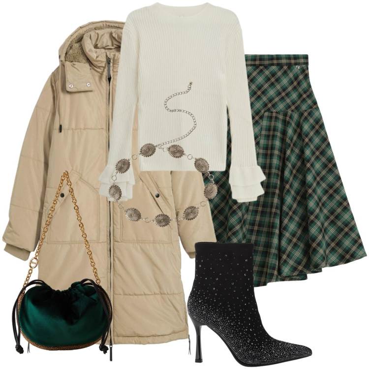 Outfit donna - Total look #2291704. Stile Chic per Tutti i giorni. Abbinamento con piumini, cinture, stivaletti, maglieria, borse a spalla, gonne longuette.