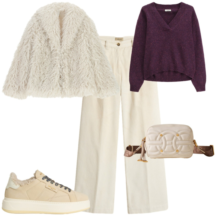 Outfit donna - Casual chic ogni giorno. Stile Casual chic per Tutti i giorni. Abbinamento con ecopellicce, borse a tracolla, maglieria, pantaloni, sneakers.