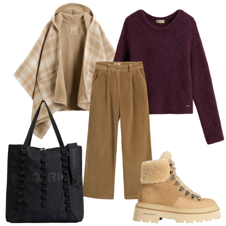 Outfit donna - Black Friday Woolrich. Stile Casual per Tutti i giorni. Abbinamento con maglieria, pantaloni, borse tote, cappe, stivaletti.