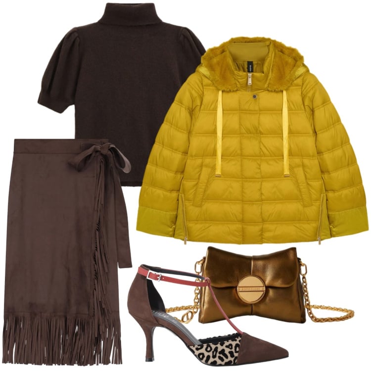 Outfit donna - L\'ocra è di moda. Stile Trendy per Serata fuori. Abbinamento con borse a tracolla, gonne, décolleté, maglieria, piumini.