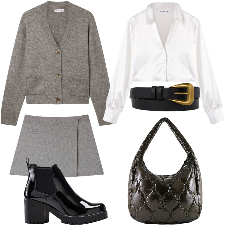 Outfit donna - Miss college. Stile Preppy per Scuola/Università. Abbinamento con stivaletti, camicie, cardigans, gonne, borse tote, cinture.