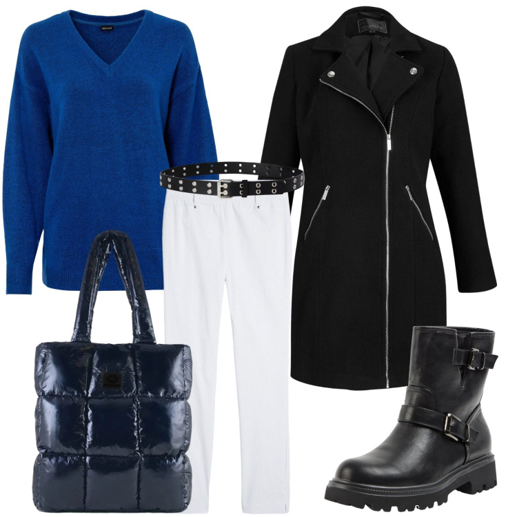 Outfit donna - Stile dinamico. Stile Basic per Scuola/Università. Abbinamento con maglieria, pantaloni, cappotti, stivaletti, cinture, shopping bag.