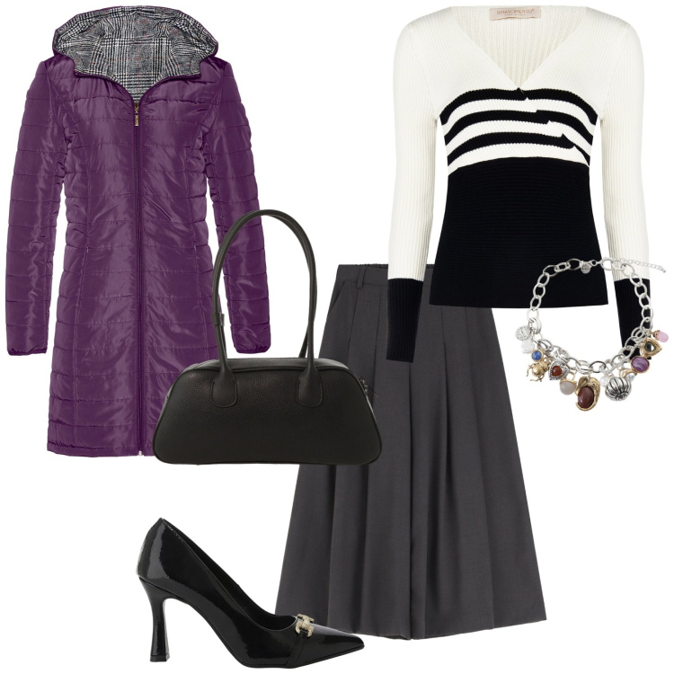 Outfit donna - Novembre purple. per Ufficio. Abbinamento con blazer, pullovers, décolleté, braccialetti con ciondoli, pantaloni a palazzo, borse a mano.