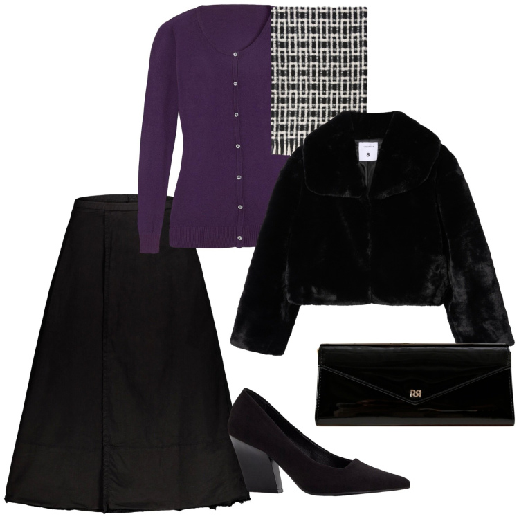 Outfit donna - Novembre purple. per Serata fuori. Abbinamento con décolleté, cardigans, pochette, ecopellicce, gonne lunghe, sciarpe.