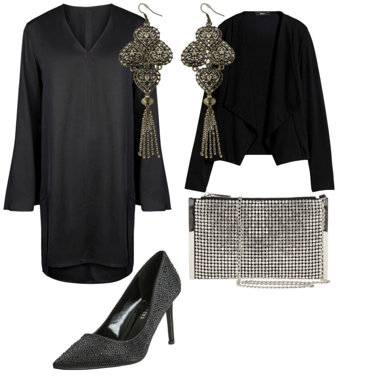 Outfit donna - Per donne piccole. per Serata fuori. Abbinamento con blazer, pochette, décolleté, orecchini, vestiti a tubino.