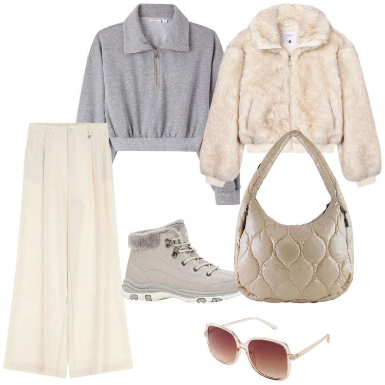 Outfit donna - Tutto per donne piccole. per Tutti i giorni. Abbinamento con occhiali da sole, stivaletti, felpe, ecopellicce, pantaloni a palazzo, borse tote.