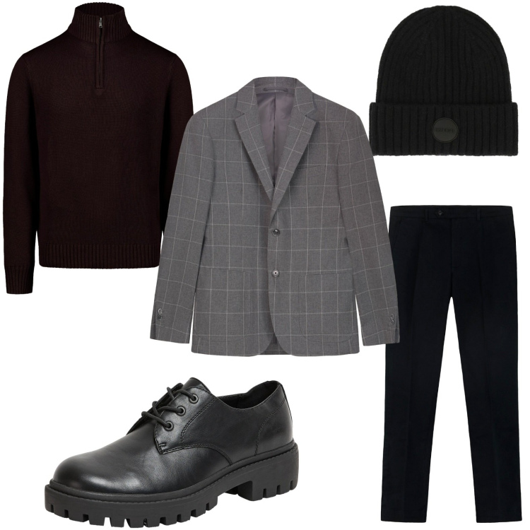 Outfit uomo - Maglione a collo alto. Stile Casual per Serata speciale. Abbinamento con scarpe stringate, cappelli, pantaloni, maglieria, giacche.