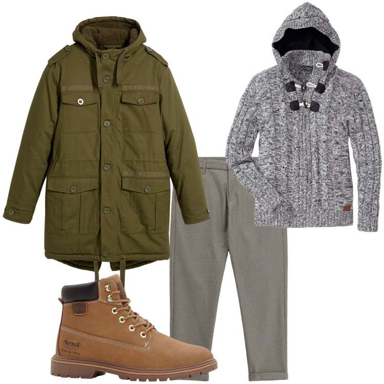 Outfit uomo - Passeggiata sotto la pioggia. Stile Casual per Tutti i giorni. Abbinamento con maglieria, stivali e stivaletti, parka, pantaloni.