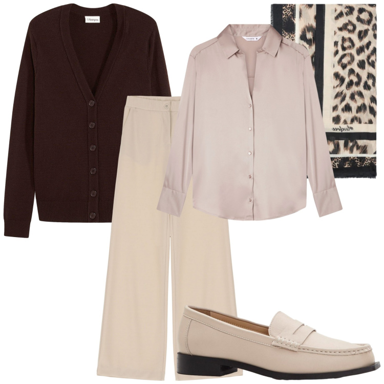 Outfit donna - Camicia e foulard. Stile Casual chic per Tutti i giorni. Abbinamento con cardigans, mocassini, camicie, pantaloni, foulard.