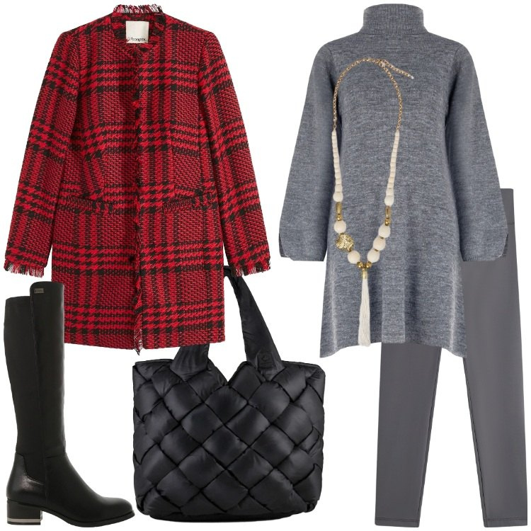 Outfit donna - Giornata in città - Focus Donna Curvy. Stile Casual chic per Tutti i giorni. Abbinamento con blazer, vestiti corti, stivali sopra il ginocchio, leggings, borse tote, ciondoli.