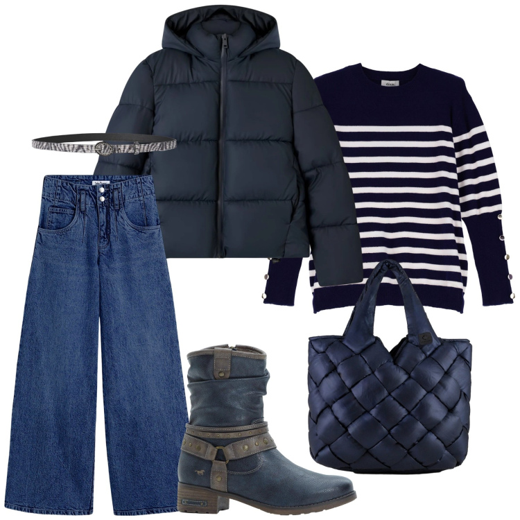 Outfit donna - Total look #2291747. Stile Urban per Tutti i giorni. Abbinamento con stivali, jeans, bomber, cinture, maglieria, borse tote.