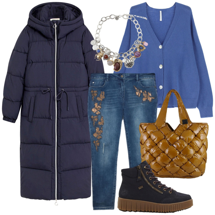 Outfit donna - Total look #2291749. Stile Urban per Tutti i giorni. Abbinamento con piumini, sneakers alte, cardigans, braccialetti con ciondoli, borse tote, jeans skinny.