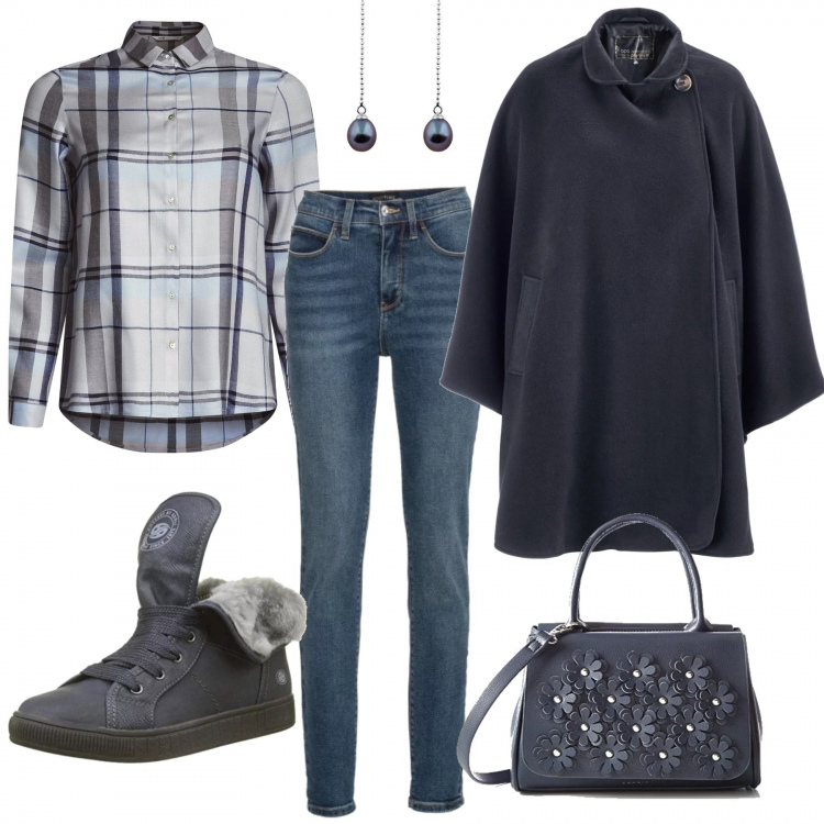Outfit donna - In ufficio in jeans e sneakers invernali. Stile Basic per Tutti i giorni. Abbinamento con jeans skinny, cappa, camicetta con stampa aderente grigio, sneakers collo alto navy, borsa a cartella blu, orecchini argento e nero.