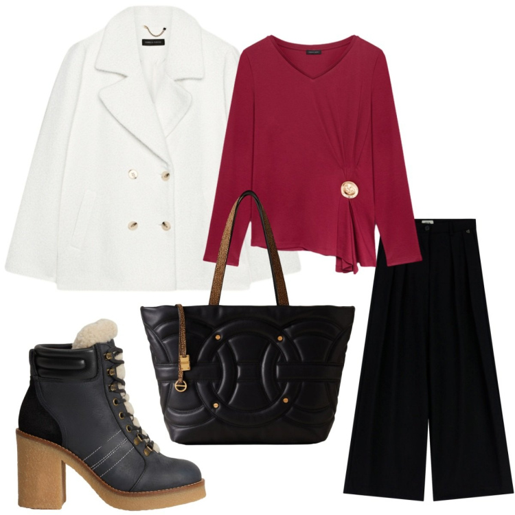 Outfit donna - Giornata in città -(Curvy). Stile Casual chic per Tutti i giorni. Abbinamento con shopping bag, pantaloni a palazzo, stivaletti, caban, t-shirt.