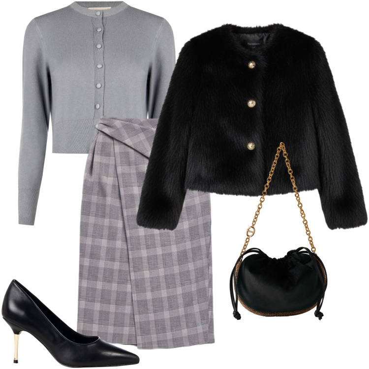 Outfit donna - Cura nei dettagli. Stile Chic per Serata fuori. Abbinamento con gonne longuette, cardigans, décolleté, ecopellicce, borse a spalla.