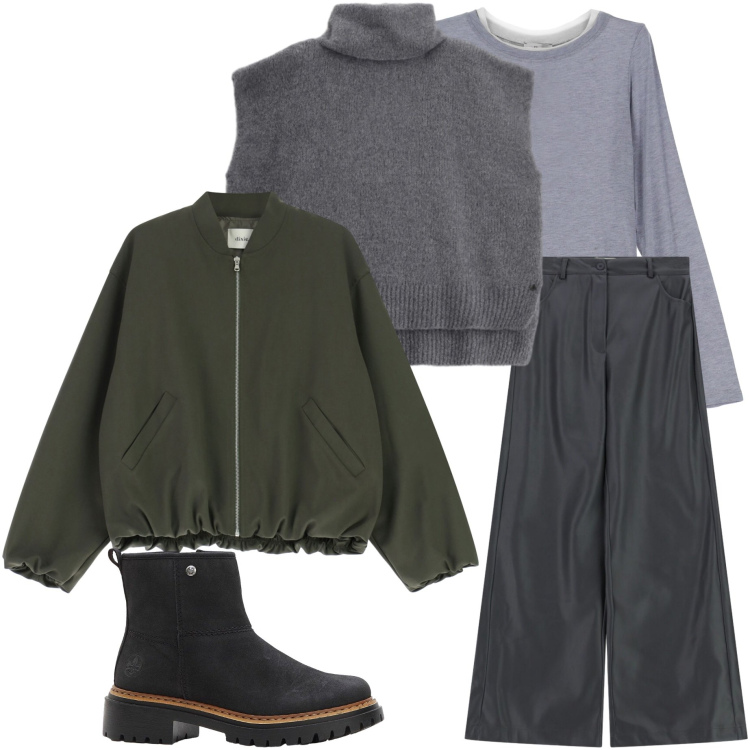 Outfit donna - Sporty chic. Stile Sporty chic per Tutti i giorni. Abbinamento con stivaletti, pantaloni a palazzo, bomber, t-shirt, maglieria.