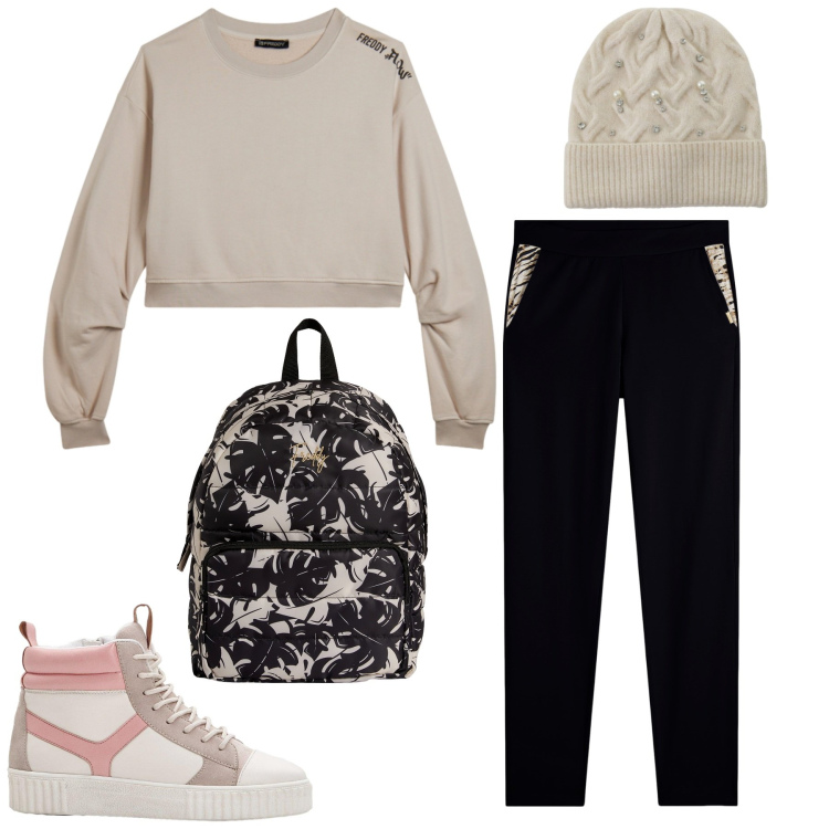 Outfit donna - Total look #2291755. Stile Sporty chic per Sport. Abbinamento con sneakers alte, berretti, zaini, pantaloni, felpe.