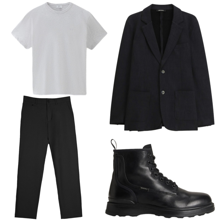 Outfit uomo - Semplice ma con effetto. per Serata speciale. Abbinamento con giacche, pantaloni chino, anfibi, t-shirt.